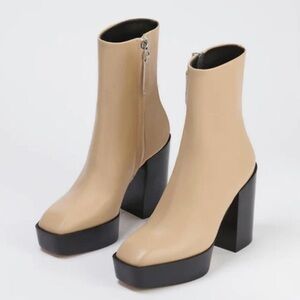 Aeyde Berlin Square Toe High Heel Leather Platform Booties in Latte - NWT